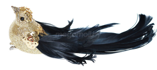 Птичка золотая на клипсе с чёрными перьями 16 см 1574 купить в Минске