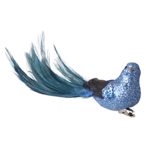 Птичка на клипсе с синим хвостом 17 см 2255