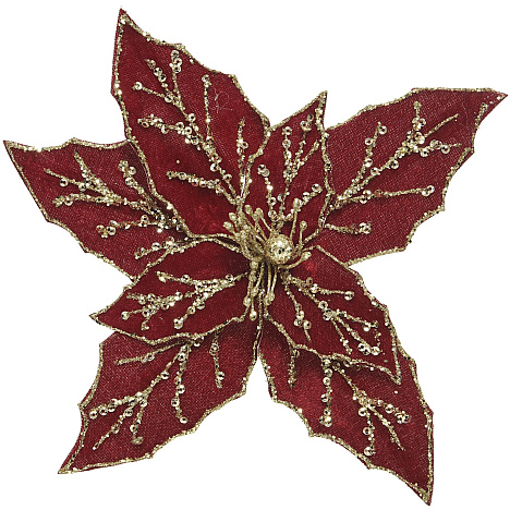 Цветок новогодний "Пуансеттия" 20 см красный с золотом 629487