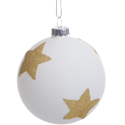 Новогодний шар с золотыми звездами 8 см белый 5669-1